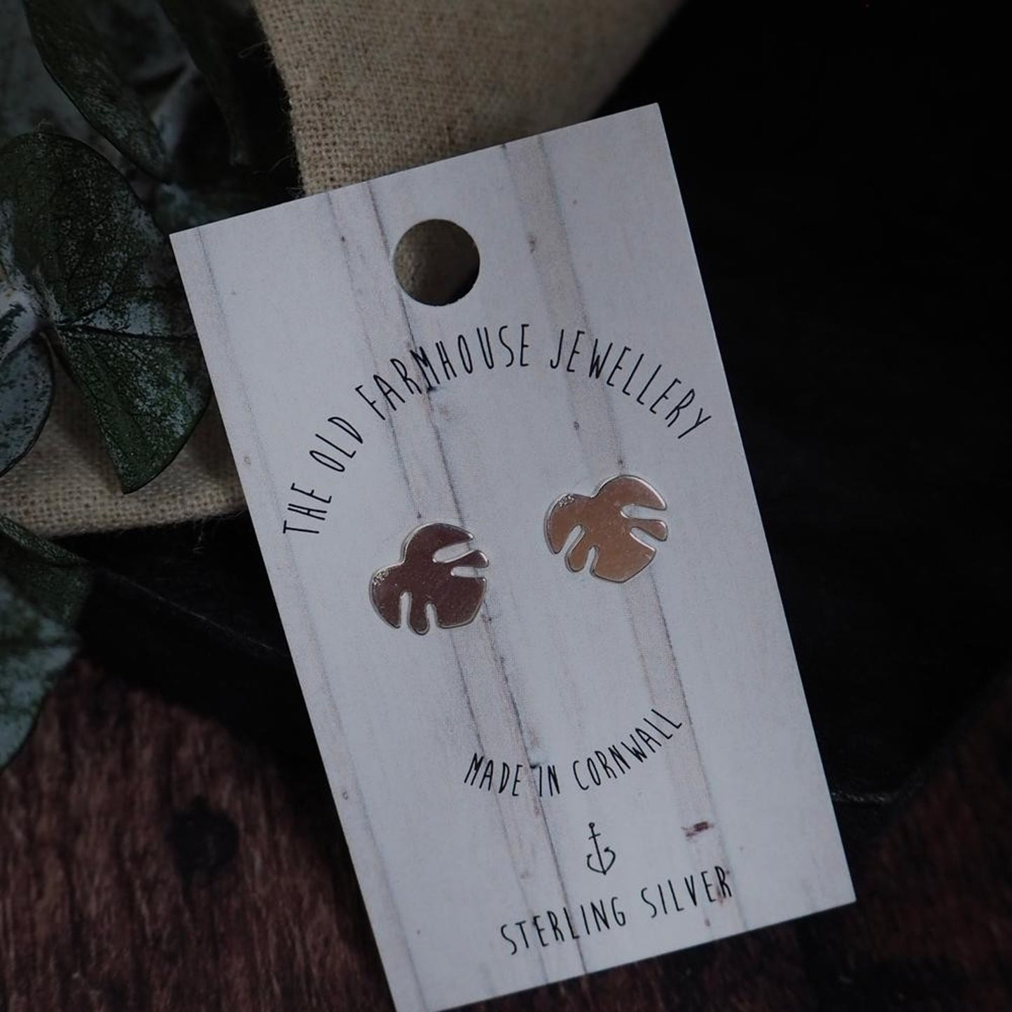 Pair of monsterra leaf stud earrings with intricate detailing, a stylish and elegant accessory available for purchase from The Petal and Plant Company
