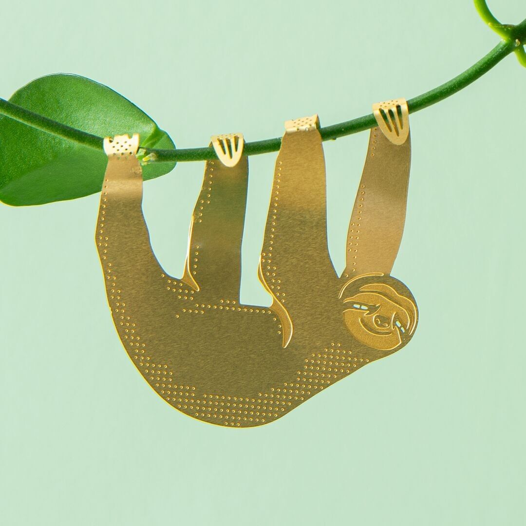 Brass sloth plant animal hanging from a leaf, adding charm and character to houseplants, available for purchase from The Petal and Plant Company.